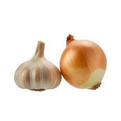 Whole garlic bulb and yellow onion isolated on black background. food ingredients. isolated on transparent background