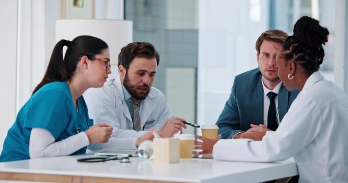 Paper, doctors or hospital lawyer in consultation, patient case discussion or malpractice lawsuit. Healthcare, review scan or people talk for medical litigation opinion, meeting or neglect complaint