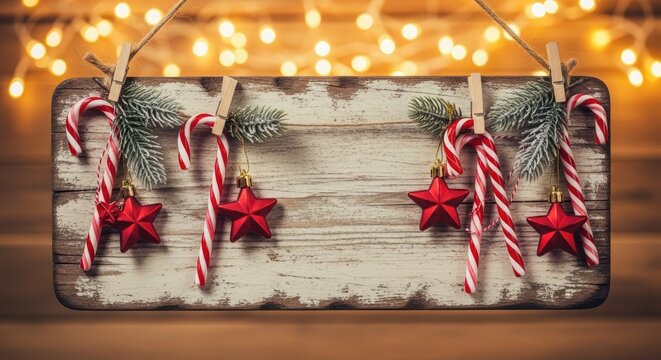 Festive holiday season decorations with candy canes and christmas ornaments