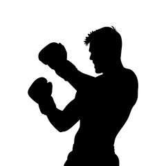 Silhouette of a male boxer in fighting stance with gloves on a white background