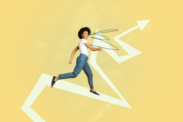 Image collage of person stand run big picture with arrows on yellow background