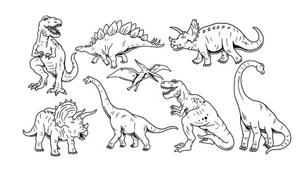 Hand-drawn dinosaur vector set featuring T-rex, Triceratops, Stegosaurus, Brachiosaurus, and pterodactyl illustrations. Perfect for kids' designs, stickers, posters, and other projects. © cddesign.co