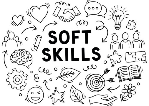 Soft skills hand-drawn icons: communication, teamwork, and emotional intelligence