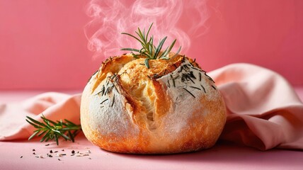 Freshly baked rosemary bread loaf a linen cloth, representing homemade and cooking aromatic flavors