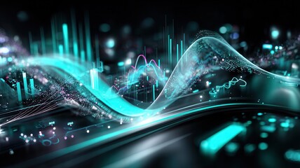 Digital city visualizing data flow, network communication, and smart technology background against dark