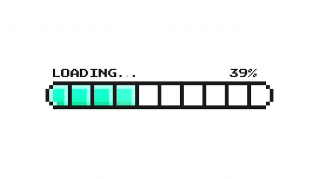 Cyan pixel retro loading bar with bright progress tiles advancing in a clean arcade inspired interface ProRes Alpha Channel 4K 60fps