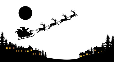 Santa claus silhouette with reindeer flying over town at night