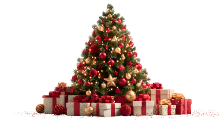 Charming Christmas tree with red and gold decorations, twinkling lights, and neatly stacked presents underneath, cozy and joyful holiday setting, isolated on white background 