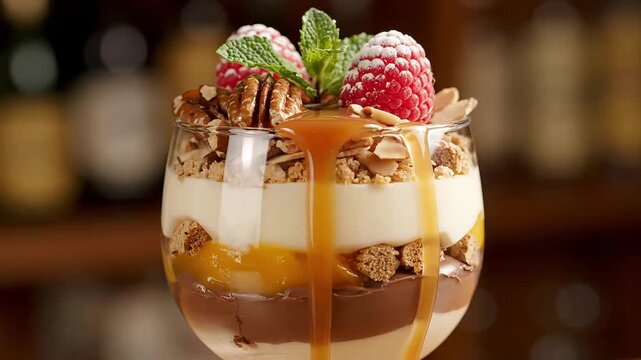 Decadent dessert parfait with layers of chocolate cream fruit nuts and caramel drizzle in a glass