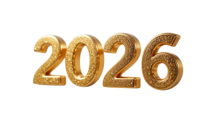 Golden 3D 2026 year number symbol for a New Year celebration on Transparent Background. A new year celebration sign with the number 2026