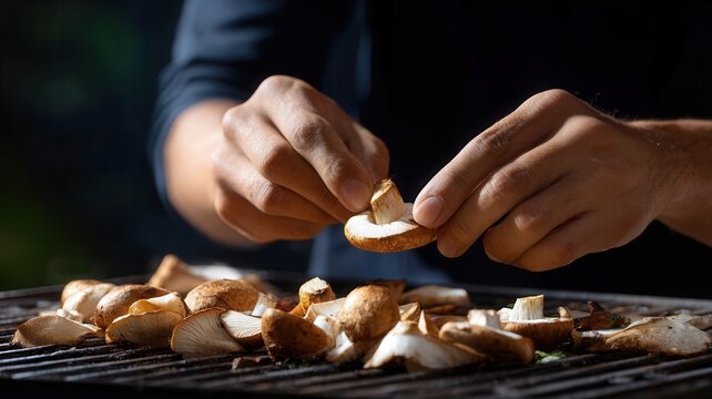 Hands placing foraged wild mushrooms onto a hot grill grate with smoke rising, preparing vegetarian healthy meal outdoors