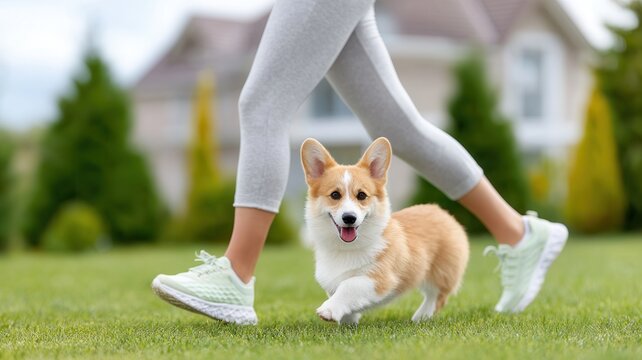 Corgi dog running happily in park with smiling woman, enjoying lifestyle outdoor pet companion - Powered by Adobe