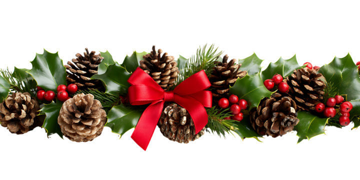 Festive christmas garland with pine cones, holly, red berries, and a red ribbon isolated on transparent background
