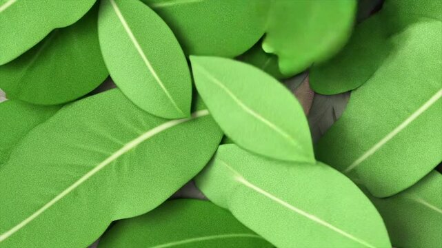 Green leaves overlay an abstract design of swirling, textured, muted patterns and colors