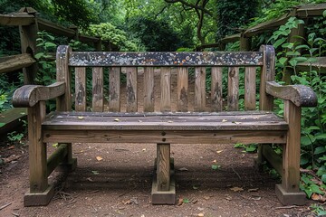 Old wooden bench invites visitors to relax in peaceful green space