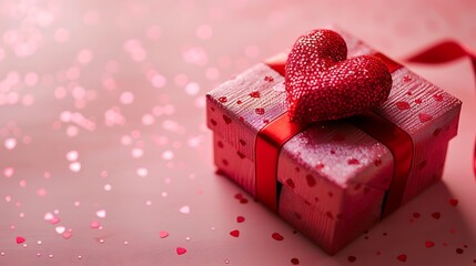 Close up of a gift box with a red heart on top tied with a red ribbon on a pink background