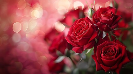 A close up shot of a bouquet of vibrant red roses against a bokeh filled background with soft lighting