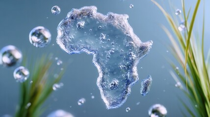 Water map of africa symbolizing fresh water and scarcity issues, clean water over green vegetation flowing