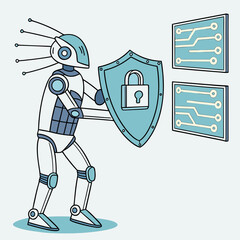 Robot holding a shield with a padlock, isolated on
