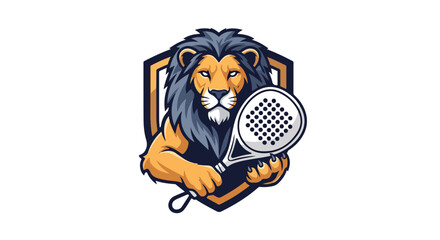 Dynamic vector illustration of a powerful lion mascot holding a padel racket in a shield, perfect for sports team logos and competitive athletic branding
