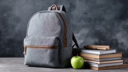 Student backpack standing on wooden table with books and green apples, symbolizing back education school