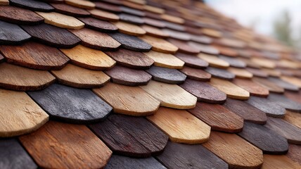Wooden roof shingles creating a rustic textured pattern, showing natural wood detail and colors construction