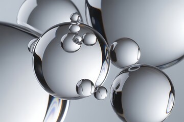 3D rendering transparent liquid spheres with bubbles inside, showcasing clarity, texture, and purity ideal for skincare, serum ads, and high-end cosmetic branding.