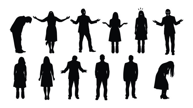 Diverse human silhouettes expressing various emotions and actions isolated on white background, Vector