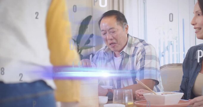 Dad serving steamer during meal, children entering and hugging, food graphics sweeping over family