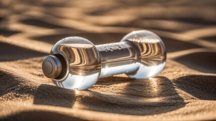 Dumbbell-shaped water bottle on desert sand, highlighting the importance of hydration in fitness activities