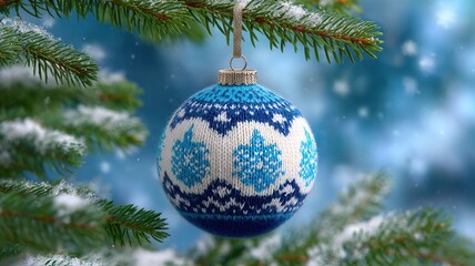 Knitted christmas ornament hanging on snowy fir branch, holiday season offering festive comfort winter and warmth