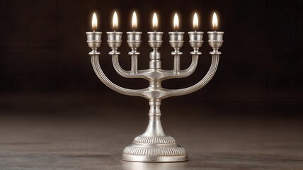 Golden menorah with burning candles a stone surface overlooking a vast landscape canyon desert