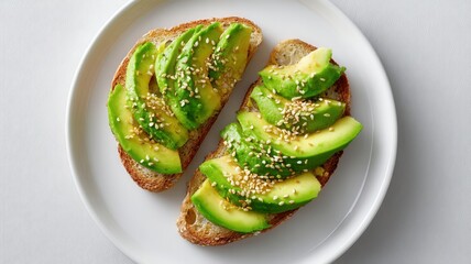 Avocado toast preparing a healthy breakfast or snack, topped with fresh slices and seeds crisp bread sesame