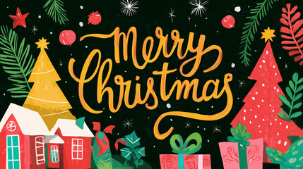 Fototapeta premium Whimsical winter holiday illustration showing a peaceful village covered in snow with a festive Christmas greeting, perfect for seasonal messages, cards and digital designs