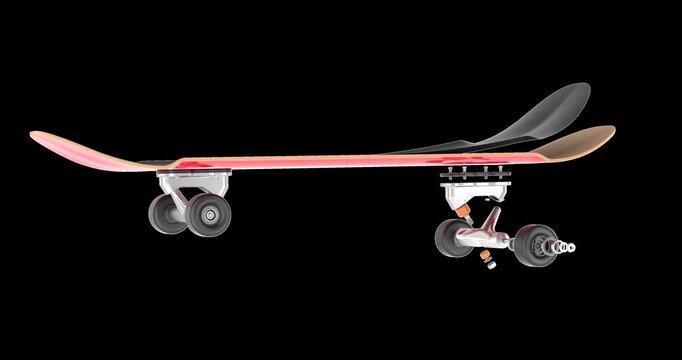 Skateboard in exploded view, rotation animation seamlessly loopable. 3D rendering isolated on transparent background