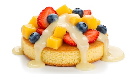 Delicious pancake with fresh strawberries mangoes and blueberries topped with creamy white sauce dessert idea