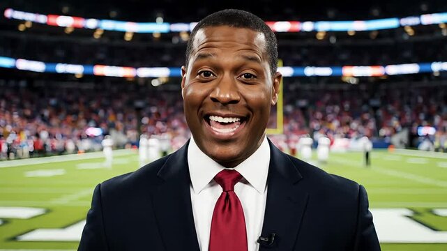 Professional Black Man in Suit and Tie Speaking at Football Stadium with Blurred Crowd and Lights