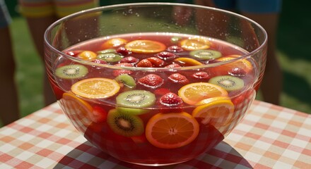 Refreshing summer fruit punch recipe in glass bowl for party picnic celebration and outdoor events