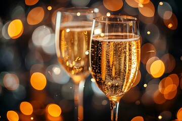 Two champagne flutes filled with sparkling wine against a blurred bokeh light background setting the mood
