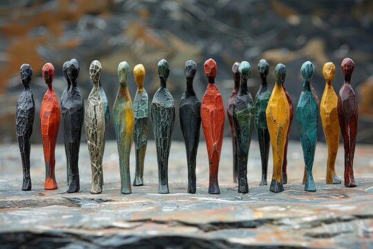 Colorful wooden figurines representing society standing together on stone surface