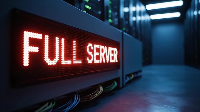 Red LED display shows Full server status in a dark server room with blinking lights