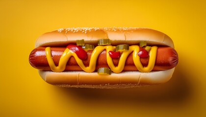 a hot dog with mustard and relish on a bun celebrating national hot dog day against a yellow background