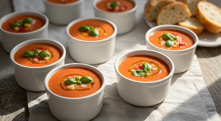 Refreshing tomato soup recipe in white bowls with basil and olive oil garnish for summer appetizer idea
