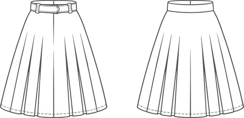 Pleated skirt technical sketch, front view comparison, waistband with belt, plain waistband, fashion flat drawing, garment design template