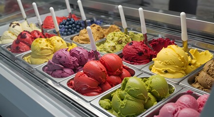 Delicious gelato ice cream flavors display in shop showcase for summer treat and dessert indulgence