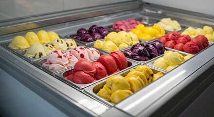 Assorted gelato flavors in metal containers at an ice cream shop display case for sale and dessert lovers