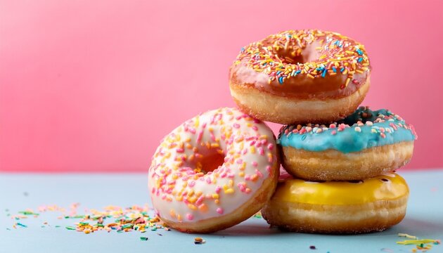 national donut day celebration with colorful frosted donuts stacked on a pink background