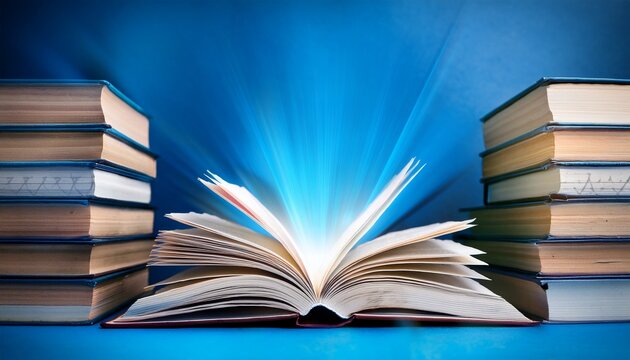 open book with glowing pages surrounded by stacked books against a blue background