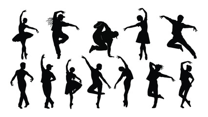 Diverse dance silhouettes collection isolated on white background, Vector