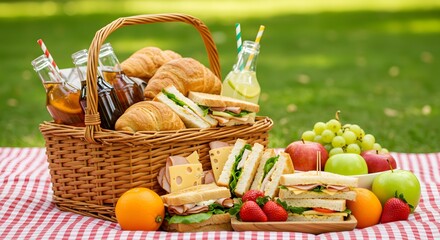 Outdoor picnic basket with sandwiches, croissants, fruits and drinks on a checkered blanket in the park